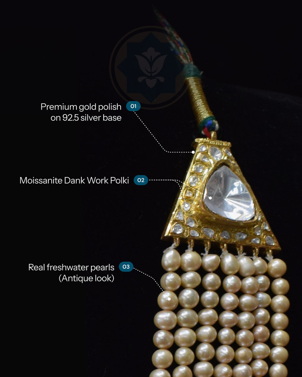 Infographic of Indian Zevar seven-strand Sathlada featuring antique-look freshwater pearls, 925 silver terminals with premium gold polish and Moissanite Dank Work Polki panels.