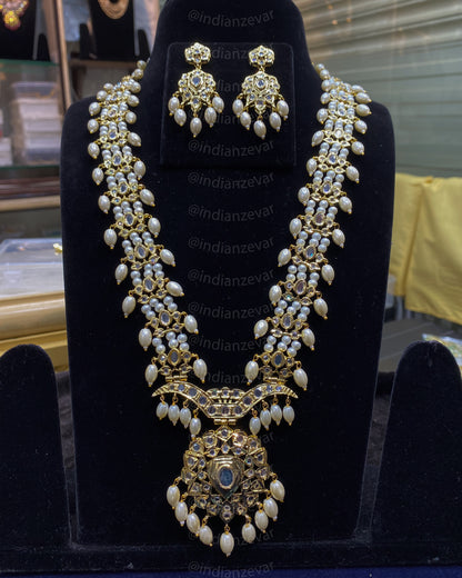 Hyderabadi Bridal Rani Haar Necklace with CZ Polki and Faux Pearls