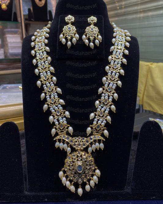 Hyderabadi Bridal Rani Haar Necklace with CZ Polki and Faux Pearls