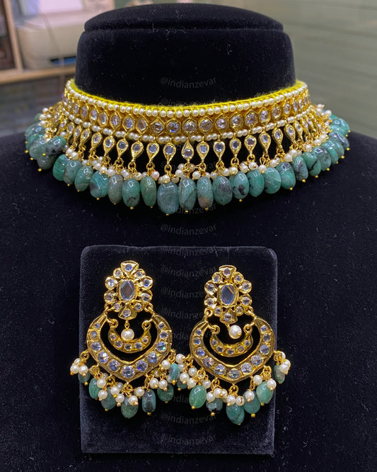 Hyderabadi Jadavi Emerald Pearl Choker Necklace – Gold Polished Indian Bridal Jewellery by Indian Zevar
