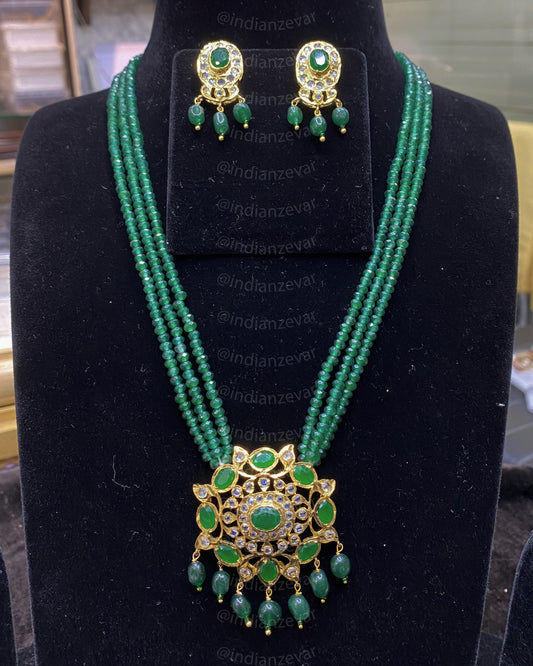 Hyderabadi Green Beads Long Necklace with Pendant Set