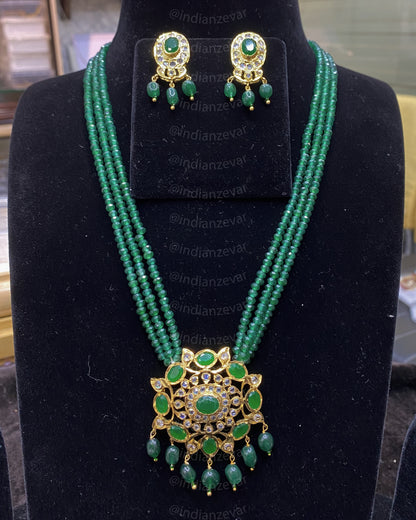 Hyderabadi Green Beads Long Necklace with Pendant Set