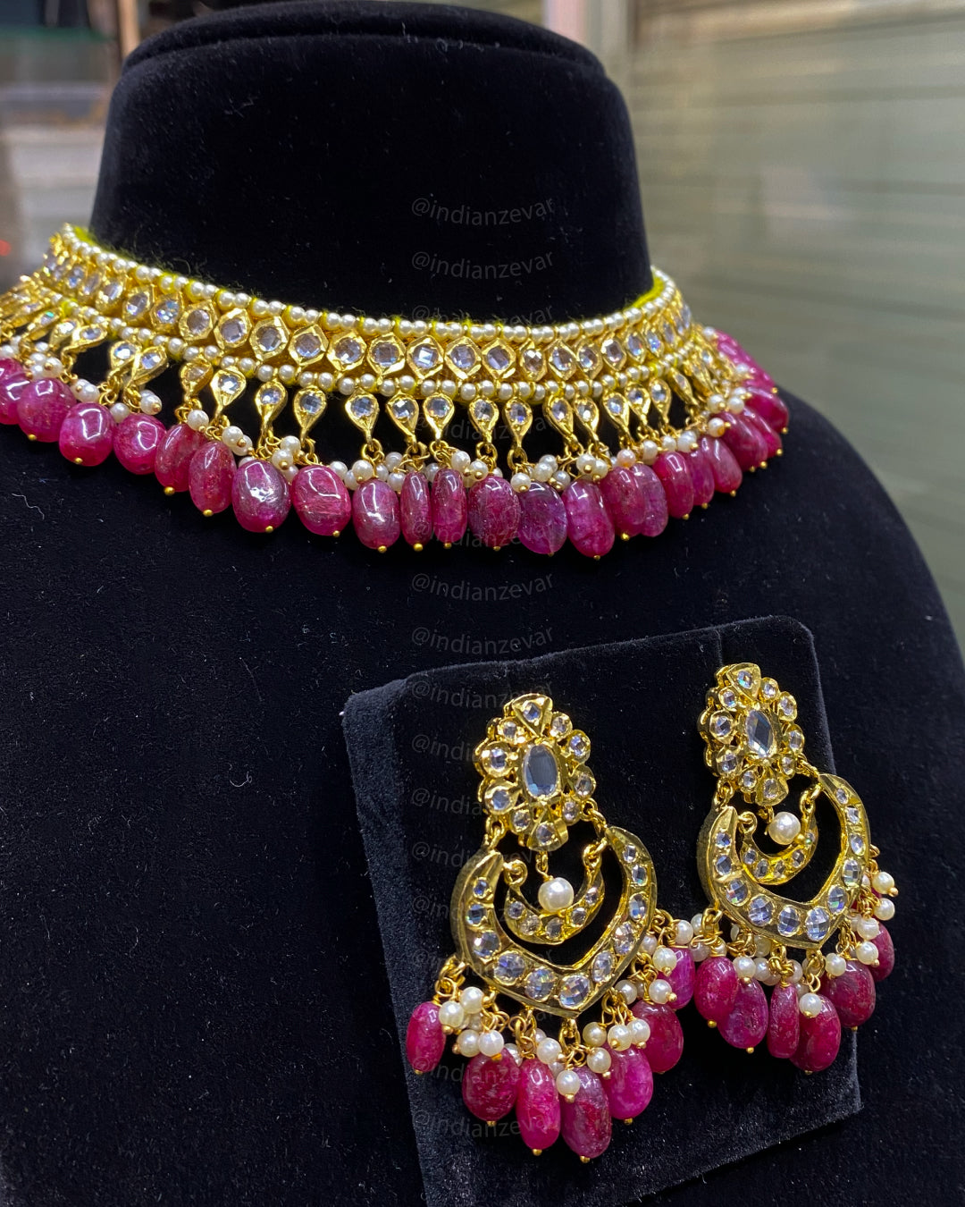 Hyderabadi Gul Bandh Choker Necklace – Gold Polished Barfi Design with Ruby Beads & Pearls | Indian Bridal & Wedding Jewellery