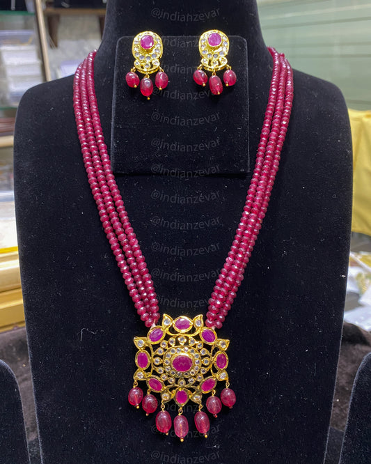 Hyderabadi Maroon Beads Long Necklace with Pendant Set