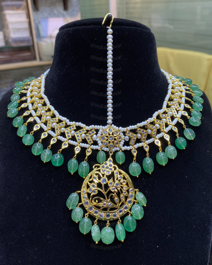 Hyderabadi Matha Patti Bindi Haar Gold Polished Bridal Jewellery, Traditional Bindi Haar with Polki and Bead Work.