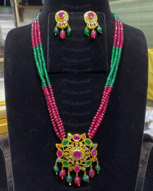 Hyderabadi Maroon and Green Beads Long Necklace with Pendant Set