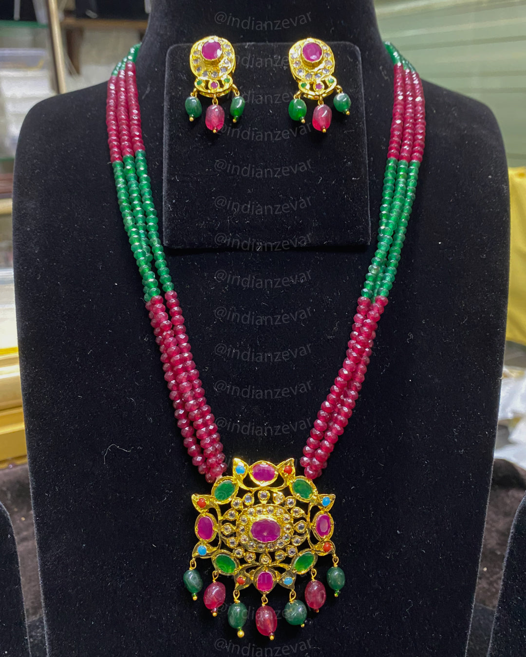 Hyderabadi Maroon and Green Beads Long Necklace with Pendant Set