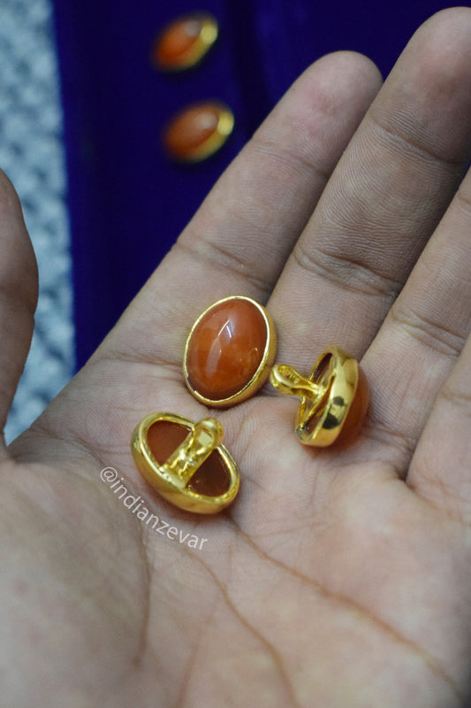 Ethnic sherwani button set featuring semi-precious Hakik stones in warm brown-orange tones, handmade by Indian Zevar.