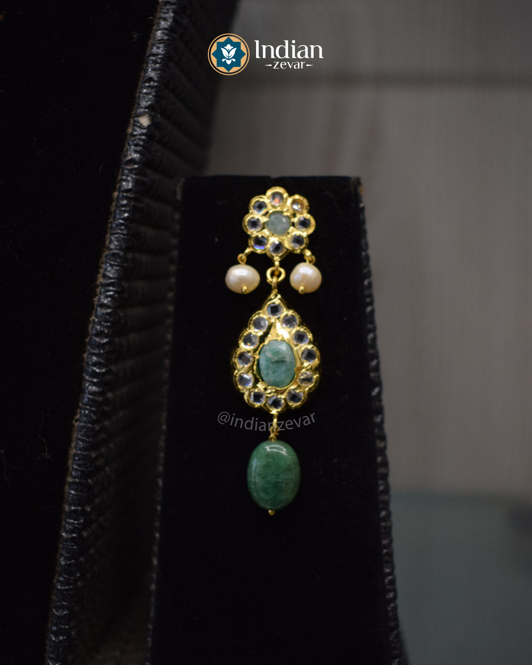 Hyderabadi Jadau Jugni necklace set earrings with pearls, emeralds, and CZ Polki by Indian Zevar.