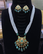 Hyderabadi Real Emerald and CZ Polki Pendant Set with Pearl Beads
