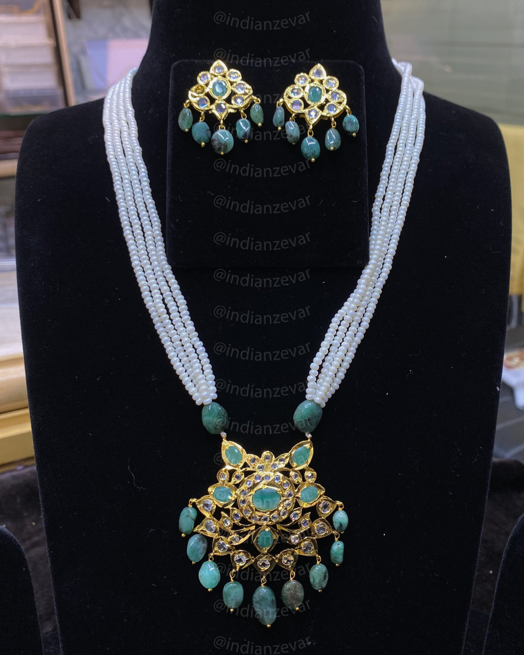 Hyderabadi Real Emerald and CZ Polki Pendant Set with Pearl Beads