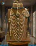 Complete Indian Zevar Bridal Set featuring Sathlada, Choker, and Jhumar Passa against a vintage royal heritage background.