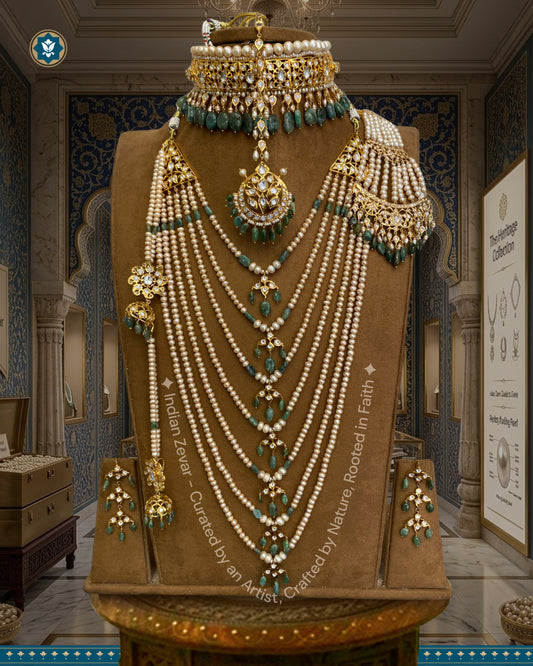 Complete Indian Zevar Bridal Set featuring Sathlada, Choker, and Jhumar Passa against a vintage royal heritage background.