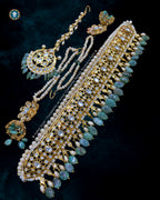 Royal Bridal Jewelry Group including Maang Tika, Karanphool Jhumkas with Sarasari pearl supports, and Jhumar Passa.