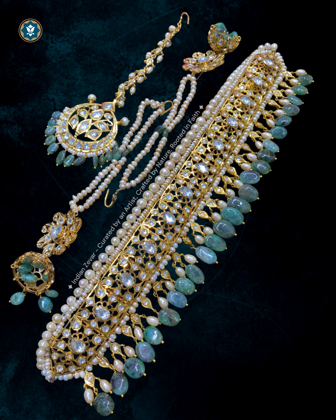 Royal Bridal Jewelry Group including Maang Tika, Karanphool Jhumkas with Sarasari pearl supports, and Jhumar Passa.