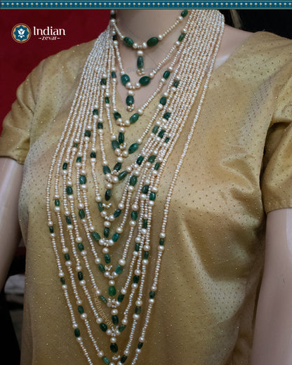 Enchanted Opulence: Grand Opera 12-Strand Pearl & Emerald Statement Necklace (Exclusive Design)