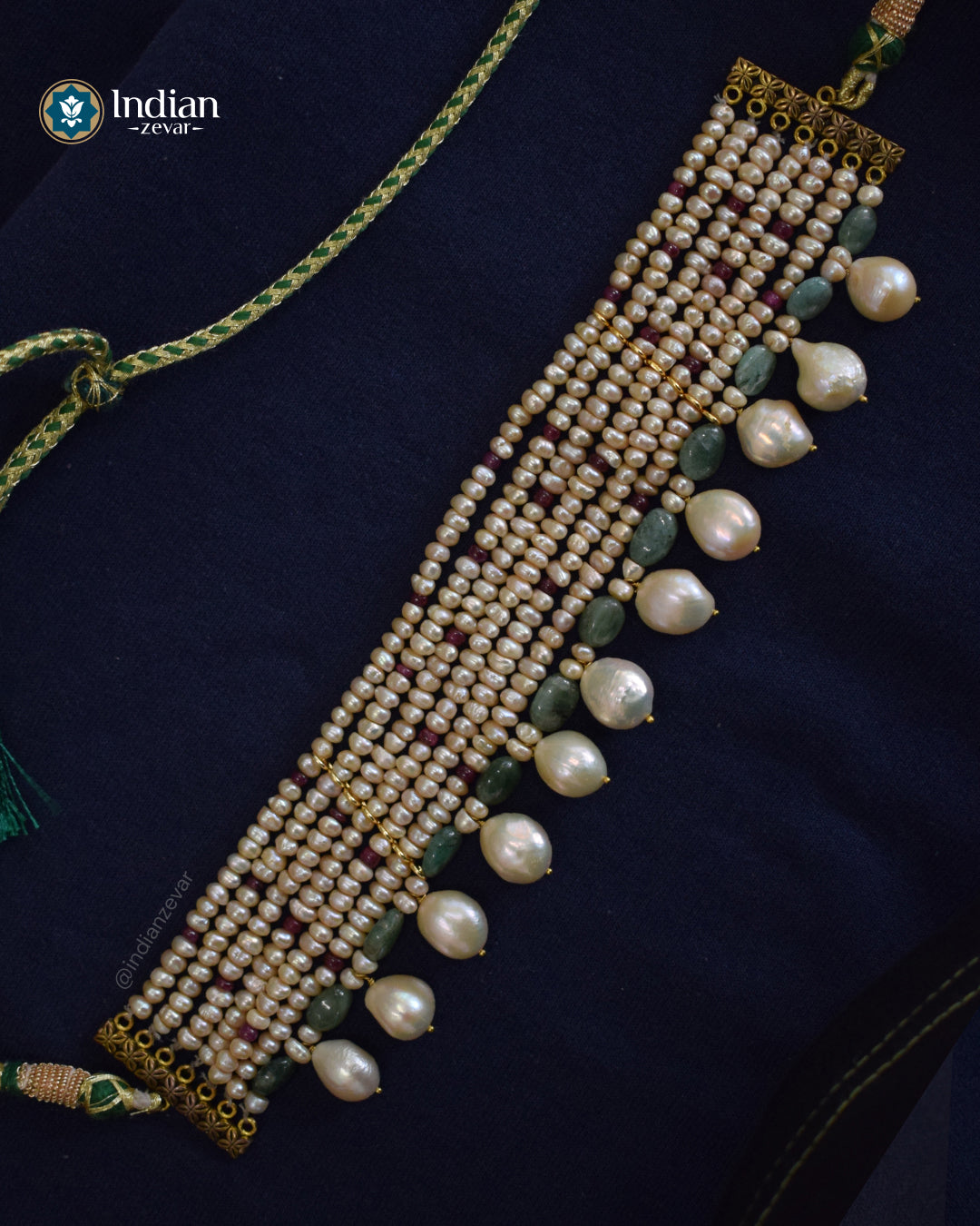 Seven-Line Freshwater Pearl & Gemstone Choker by Indian Zevar