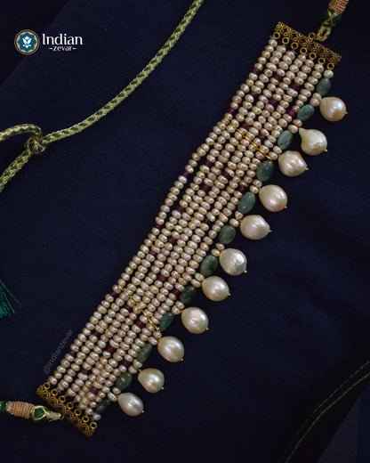Seven-Line Freshwater Pearl & Gemstone Choker by Indian Zevar