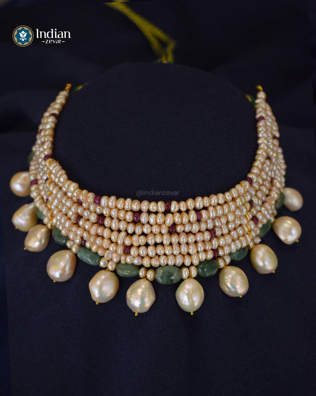 Seven-Line Freshwater Pearl & Gemstone Choker by Indian Zevar