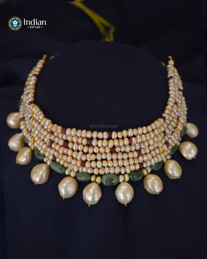 Seven-Line Freshwater Pearl & Gemstone Choker by Indian Zevar