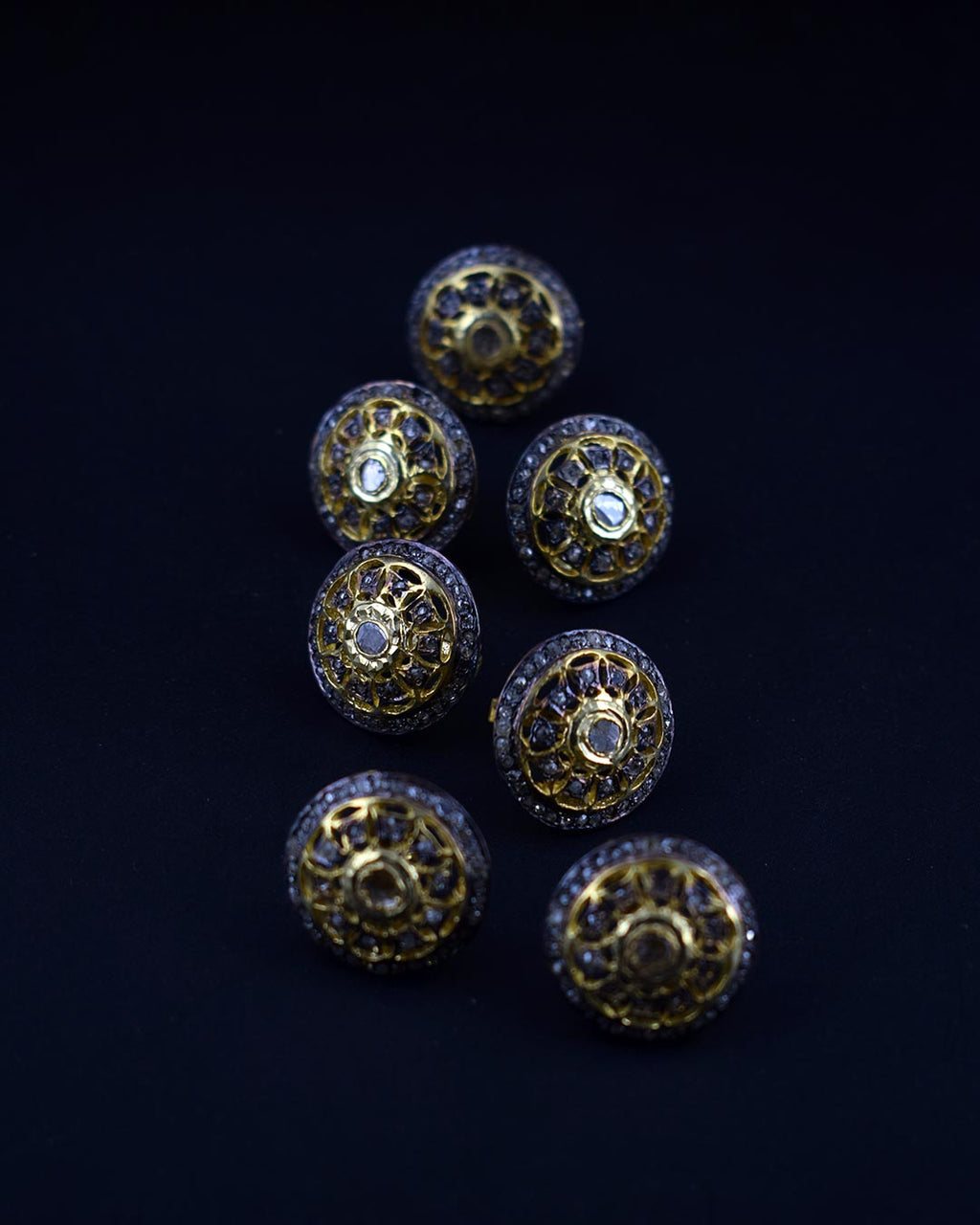 Vintage Charm: 92.5 Silver Almas Polki Victorian Button Set (Shervani, Set of 7)