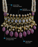 A closeup with infographic of Indian Zevar Tirmani Rani Haar necklace set with two strands of uneven freshwater pearls, real Bangkok Ruby beads, synthetic Moissanite Polki and matching Chandbali earrings.