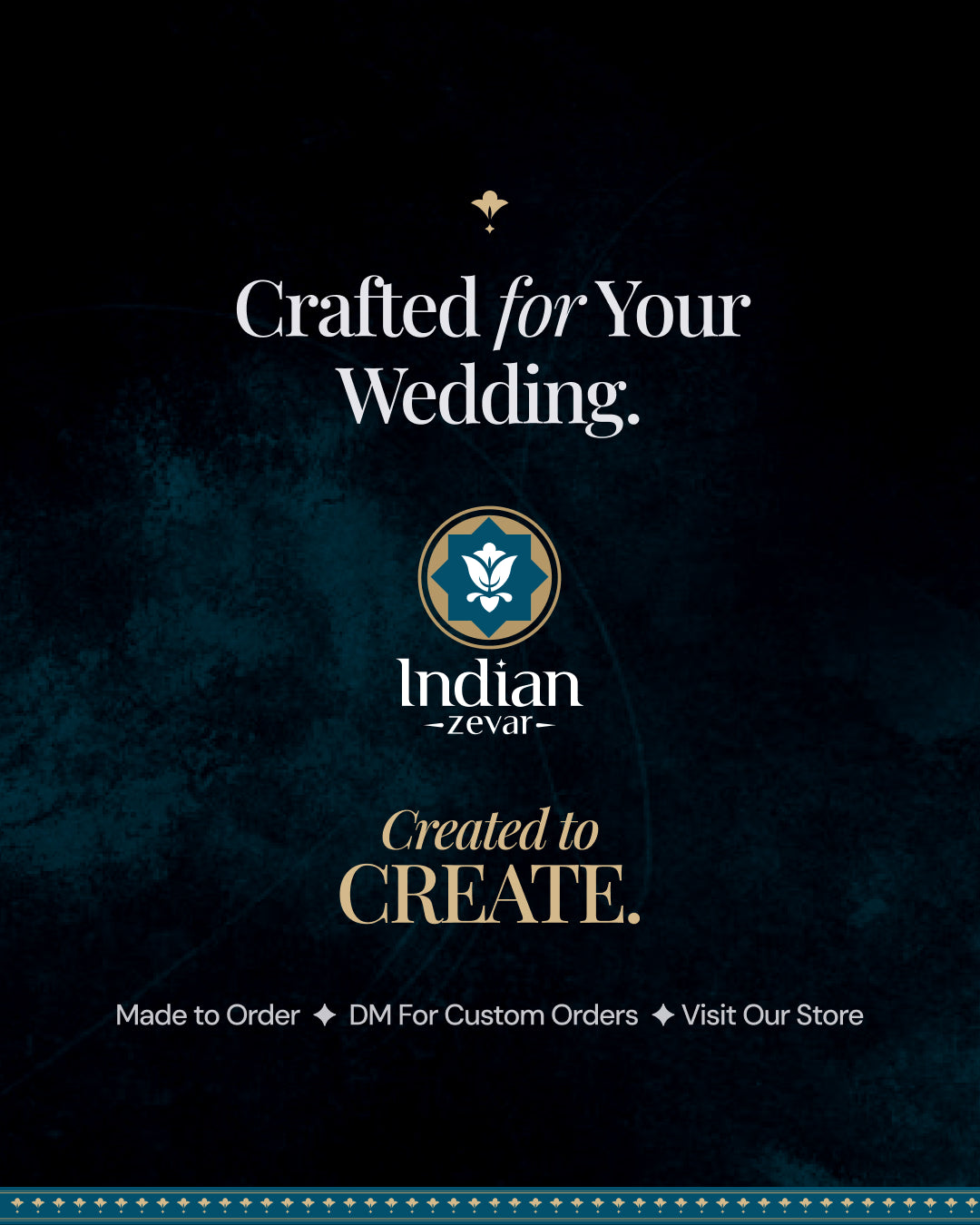 Call to action for custom made-to-order bridal jewelry with Indian Zevar logo and store visit details.