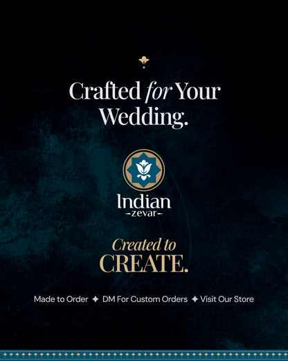 Call to action for custom made-to-order bridal jewelry with Indian Zevar logo and store visit details.