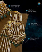 Traditional Jhumar Passa close-up with infographic explaining the artisan craftsmanship and stone setting.