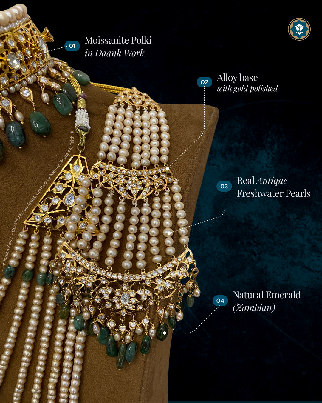 Traditional Jhumar Passa close-up with infographic explaining the artisan craftsmanship and stone setting.