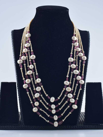 Casual Chic: Playful Pearls & Ruby 5-Strand Necklace - A Fun & Flirty Design