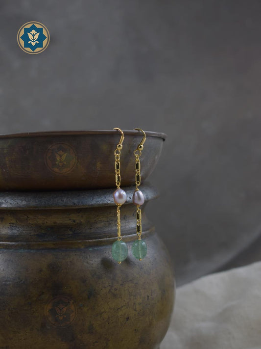 Handmade Sweetheart Earrings with Real Pearls and Green Aventurine Beads, Gold Plated Hooks