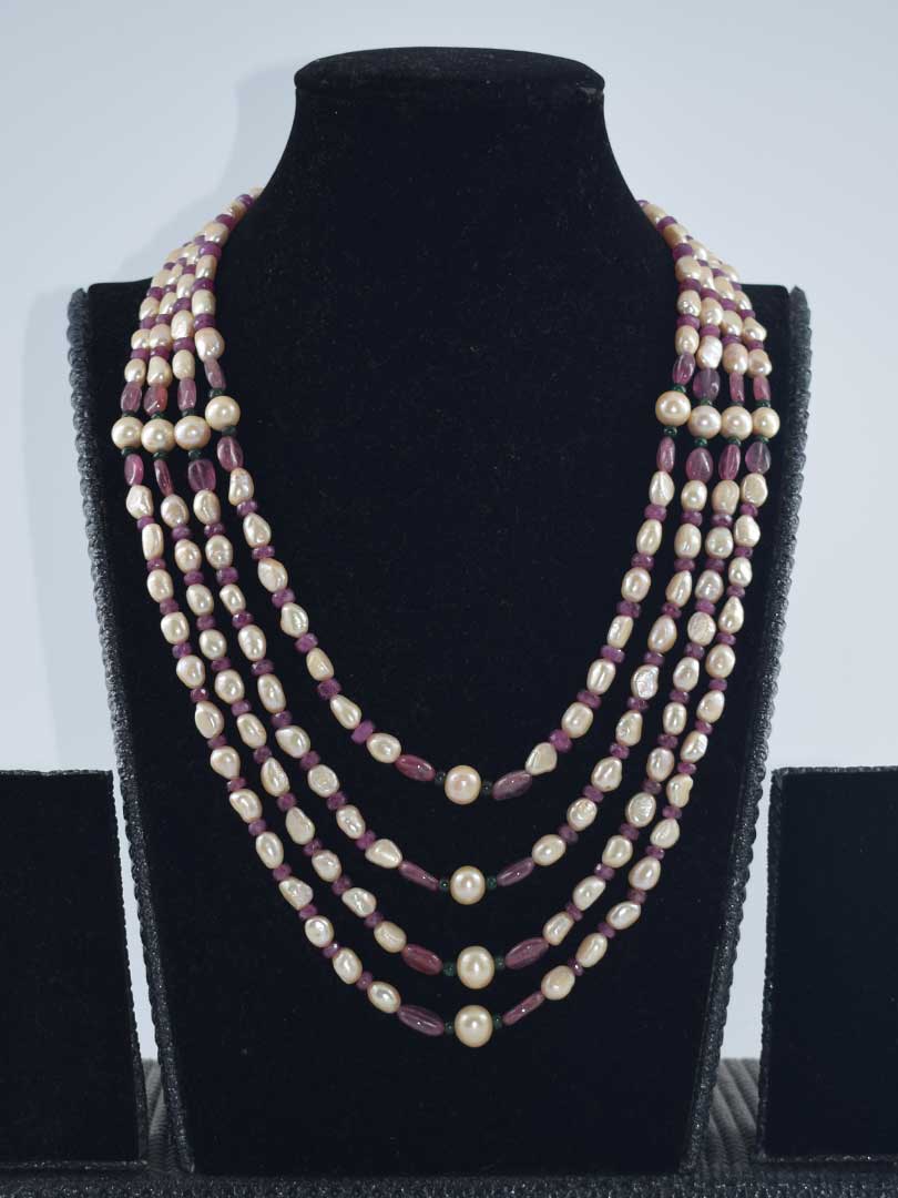 Vintage Vibes: Baroque Pearl & Ruby Necklace 4 Strand