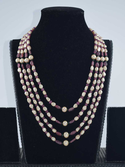 Vintage Vibes: Baroque Pearl & Ruby Necklace 4 Strand