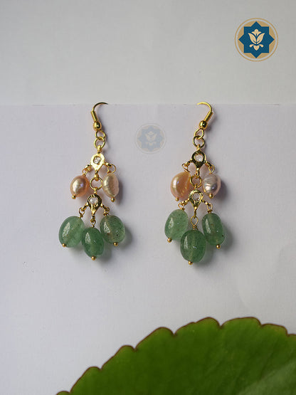 Stunning Real Pearls and Green Aventurine Earrings in 6ct Gold Plating