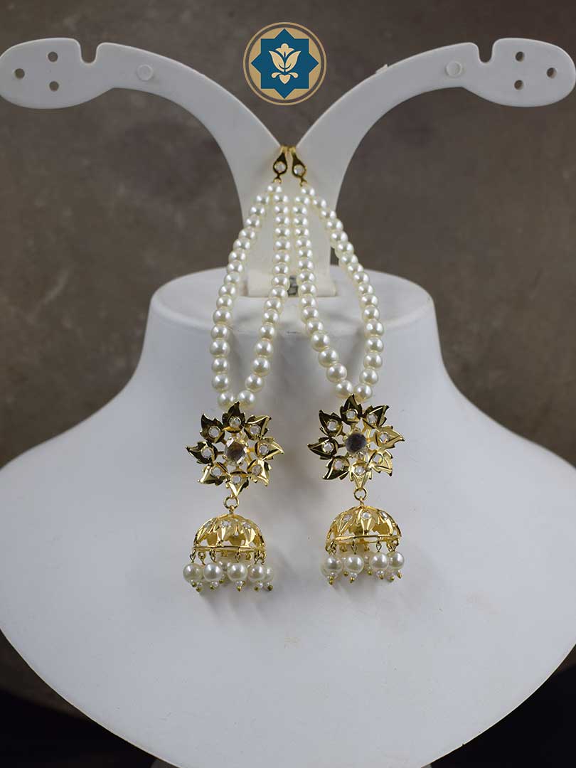 Stylish Jhumke jadau Hyderabadi traditional earrings with faux pearls, made from 6 crt gold plated material. Perfect for adding a touch of traditional elegance to any outfit.