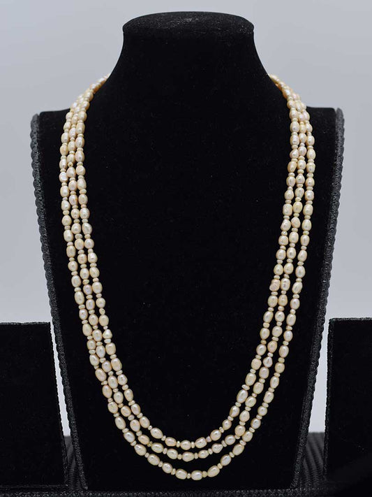 Classic Elegance: Freshwater Pearl Beaded Necklace (3 Strands, Indian Inspired)