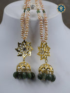 Handmade Jhumke Karanphool Earrings with Real Freshwater Pearls and Dark Emeralds