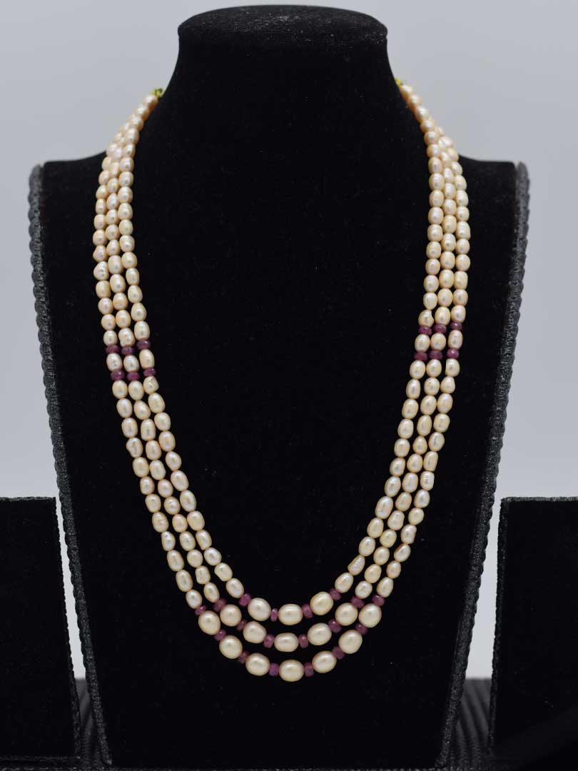 Vibrant Fusion: Freshwater Pearl & Ruby Beaded Necklace (3 Strands, Indian Inspired)