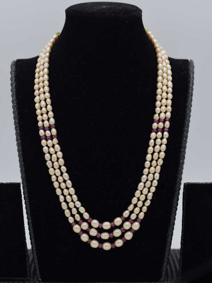 Vibrant Fusion: Freshwater Pearl & Ruby Beaded Necklace (3 Strands, Indian Inspired)