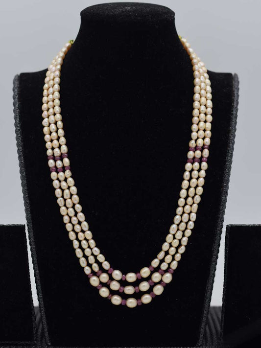 Vibrant Fusion: Freshwater Pearl & Ruby Beaded Necklace (3 Strands, Indian Inspired)