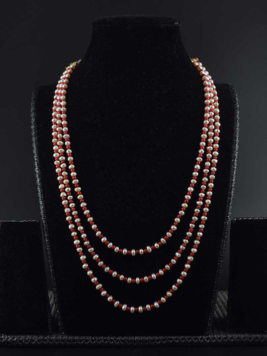 Island Vibes: Handmade 3-Strand Taiwan Coral & Pearl Necklace (Casual Chic)
