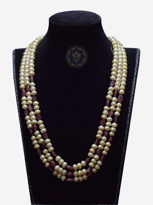 Modern Mantra: Freshwater Pearl & Ruby Mala (3 Strands, Casual Chic)