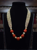 Island Vibes Mala: Bold Coral & Pearl Necklace (5 Strands, Casual Chic)