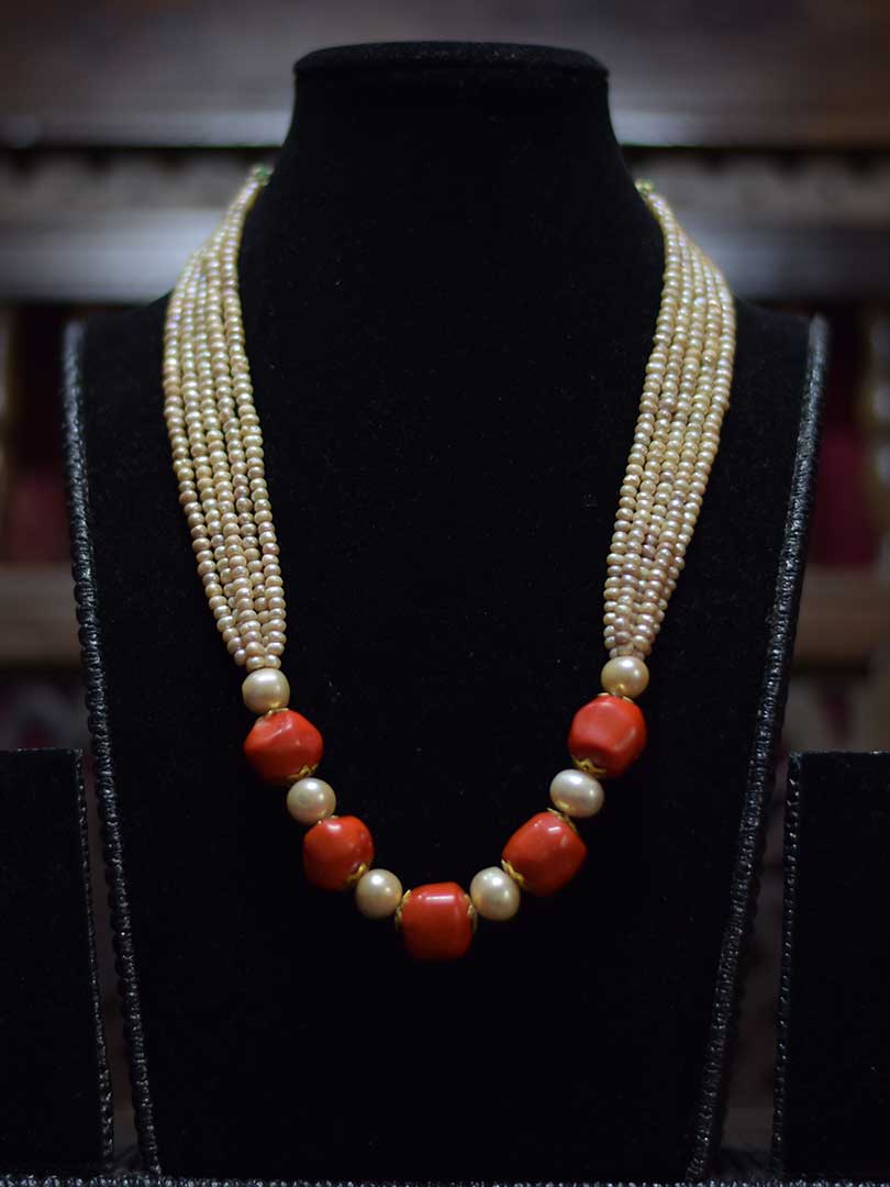 Island Vibes Mala: Bold Coral & Pearl Necklace (5 Strands, Casual Chic)