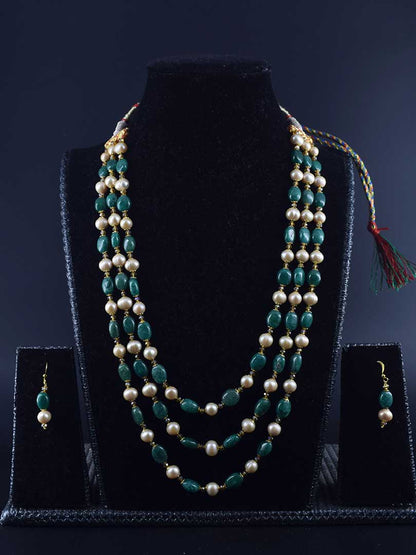 Earthy Elegance: Green Beryl & Freshwater Pearl Necklace (3 Strands, Casual Chic)