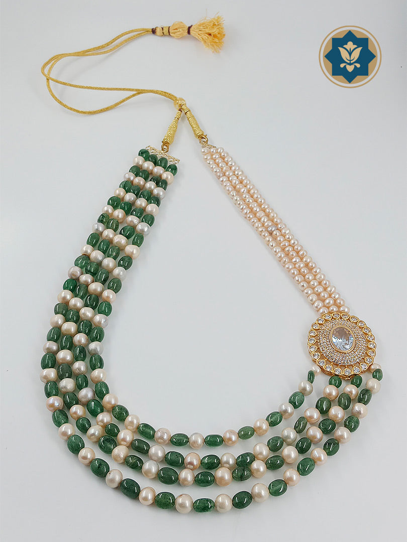 Sweet & Chic: Long Pearl Necklace with Strawberry Emeralds & CZ Side Brooch (Casual Style)