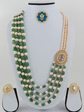 Sweet & Chic: Long Pearl Necklace with Strawberry Emeralds & CZ Side Brooch (Casual Style)