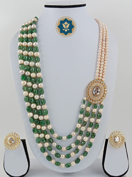 Sweet & Chic: Long Pearl Necklace with Strawberry Emeralds & CZ Side Brooch (Casual Style)