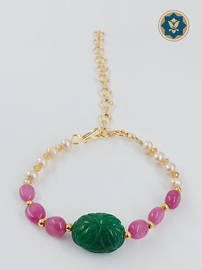 Natural Stones Beaded Bracelet – Real Pearls, Carved Green Beryl & Pink Quartz